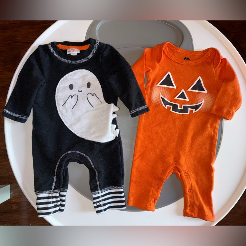 Cat & Jack Black and Orange Halloween Baby Playsuits, Ghost, Jack o Lantern